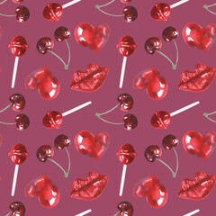 Valentines day red seamless pattern isolated on white background. hand drawn watercolour elements. Lollipop, lips, cherry, heart. Clipart for textile, digital paper, wallpaper, notebook