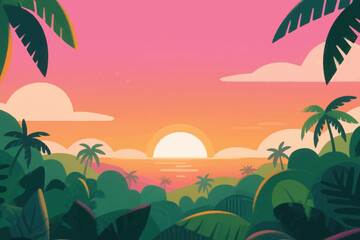 Obraz premium Tropical sunset with vibrant pink orange sky, stylized clouds, lush palm trees, and warm horizon glow.