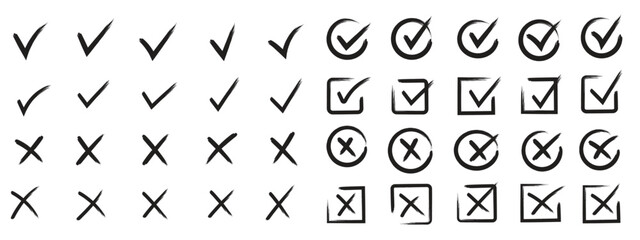 check mark, tick mark, and cross brush sign red checkmark and red X icons. Cross box x check mark checkbox v list vector draw. checklist symbol wrong circle. Vector Illustration