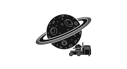 Saturn planet with ring and semi truck driving by in black and white illustration on white background © Muhammad Abubakar