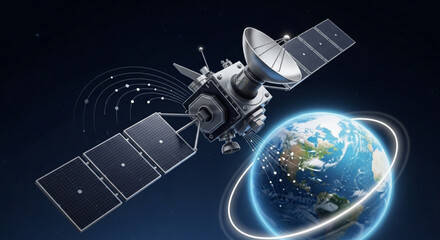 Satellite orbits earth with solar panels and antenna dish in space against a starry night background © Muhammad Abubakar