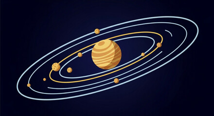 Golden planet with orbits and moons in space celestial body illustration © Muhammad Abubakar