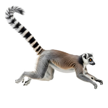 Ring-tailed Lemur Running Isolated on White Background on white background, Isolated on Transparent Background
