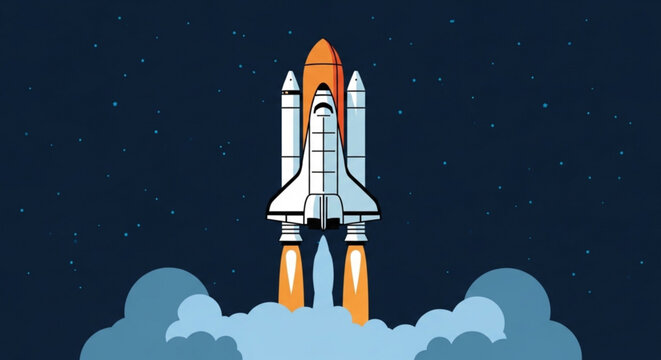 Space shuttle launching into the starry night sky with orange boosters and white body