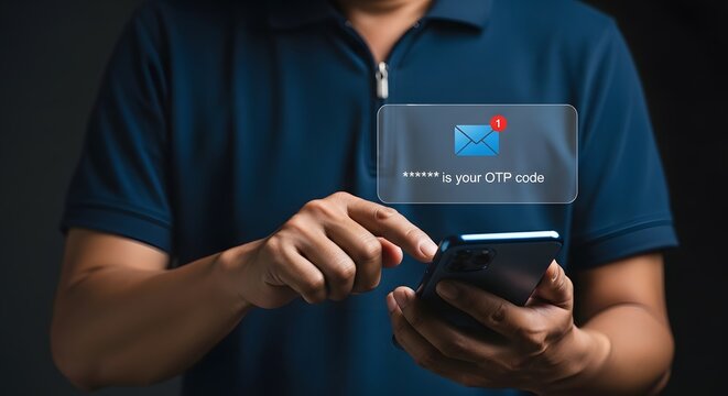 Person holding smartphone with OTP code notification displayed above screen