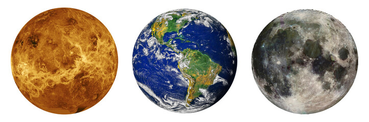 Venus, Earth, Moon Isolated on White Background, Satellite View of Planets in Solar System. Elements of this image furnished by NASA. © gizemg