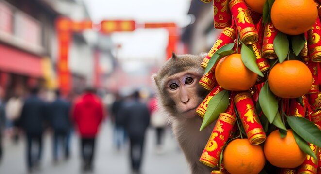 Curious macaque monkey peeks from behind vibrant traditional Lunar New Year decorations featuring oranges and red firecrackers on a bustling festive street