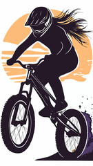 Naklejka premium Silhouette of female BMX rider performing jump stunt on mountain bike against abstract sunset background vector illustration