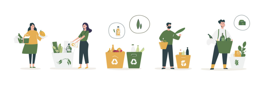 Young adults practicing sustainable habits including composting food scraps, sorting recyclables, and carrying reusable shopping bags in minimalist flat vector style illustration