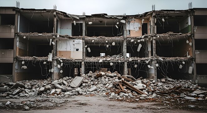 The demolition site shows a dilapidated building with rubble and debris scattered around it on a gloomy day.