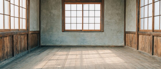 Empty Rustic Japanese Interior Featuring Shoji Windows and Aged Wooden Flooring with Natural Light, Timeless Architecture, and Tranquil Minimal Atmosphere