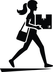 Silhouette of a woman carrying a box and a handbag while walking