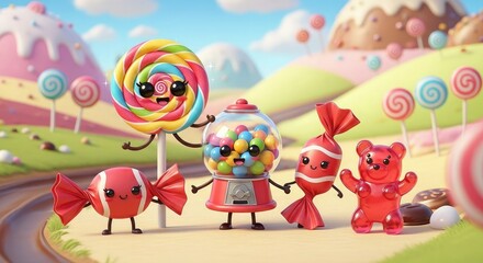Obraz premium Whimsical candy characters in colorful sweet treat wonderland landscape