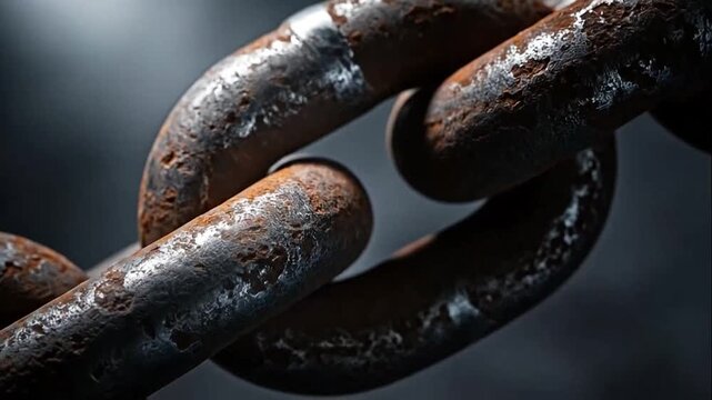 Close-up of a heavy, rusted metal chain against a dark, industrial background, symbolizing strength and decay.