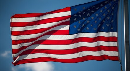 Fototapeta premium American Flag Waving Proudly Against Clear Blue Sky Symbolizing Patriotism And National Pride
