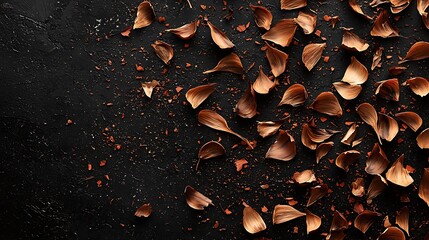 Garlic skins scattered on dark surface