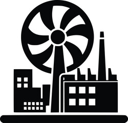 Industrial scene featuring a large wind turbine and factory buildings