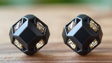 Geometric black earrings with yellow gems
