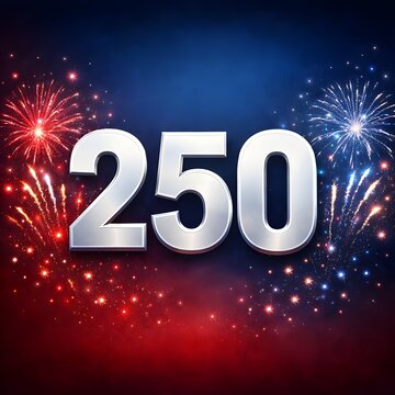 Celebratory fireworks display with glowing number two hundred fifty for independence day or milestone achievement in vibrant night sky