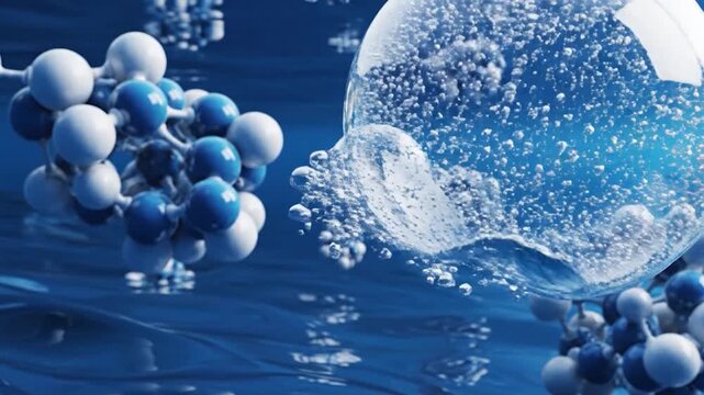Abstract molecules and oxygen bubbles floating in clear blue water