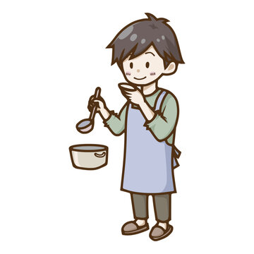 料理の味見をするエプロン姿の男性のイラスト（家事・育児）