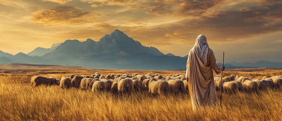 Jesus walking on a peaceful hillside at twilight amid sheep.