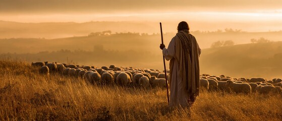 Jesus walking on a peaceful hillside at twilight amid sheep.