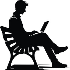 Silhouette of a person sitting on a bench using a laptop