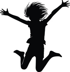 Joyful silhouette of a child jumping with arms raised in the air