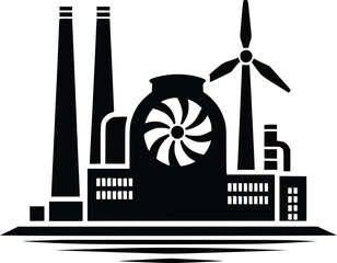 Industrial landscape with renewable energy sources and factories