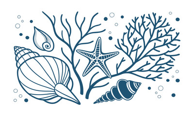 Coastal ocean shell and coral decorative flat vector illustration set, easily editable.