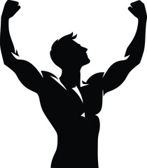 Silhouette of a person with arms raised in triumph against a white background