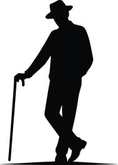 Silhouette of an elderly man walking with a cane and wearing a hat