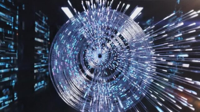 Futuristic tunnel with abstract digital patterns and light streaks in a high-tech environment viewed from the center