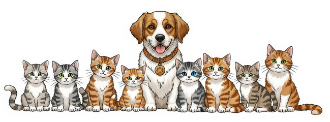 Obraz premium A Happy Dog Sits Amongst Several Cute Kittens on a White Background