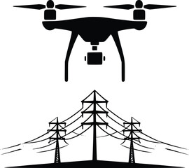 Silhouette of a drone flying over power lines against a white background