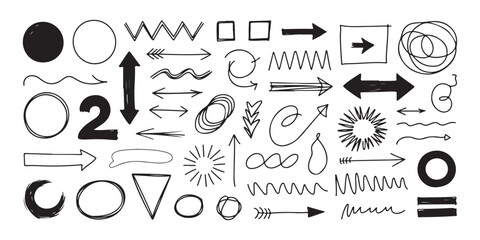 Set of various doodle hand drawn abstract shapes lines arrows isolated on white background for your design