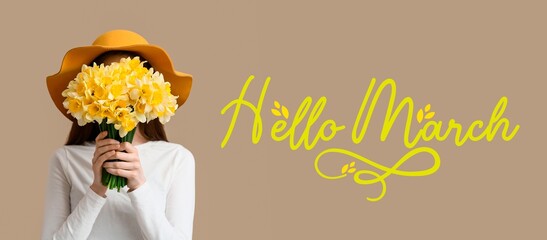 Young woman with bouquet of yellow daffodils on beige background. Hello March