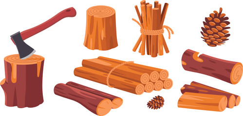 Firewood and chopped timber illustration with axe, bundled sticks, pine cones and wooden logs vector collection © SreeKhamol