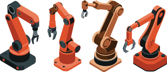 Industrial robotic arm manipulators vector illustration set for factory automation, assembly line production and mechanical engineering technology