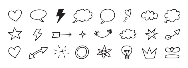 A collection of hand drawn doodle elements hearts speech bubbles clouds lightning and stars