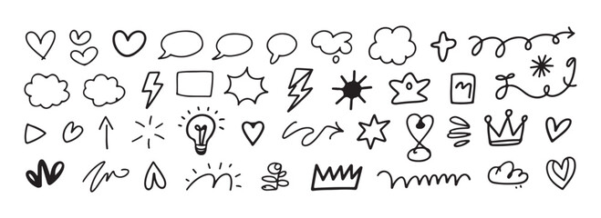 A big set of hand drawn doodle elements including hearts speech bubbles clouds and crowns