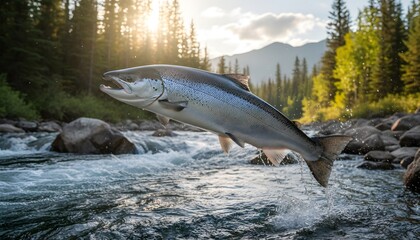 Fototapeta premium Salmon leaping in a mountain river at sunset surrounded by forest
