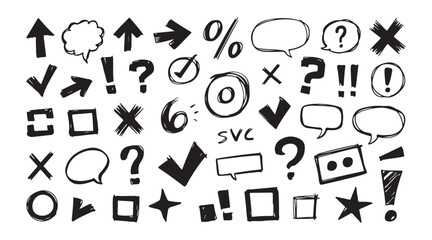 A comprehensive set of hand drawn doodle symbols including arrows checkmarks question marks and speech bubbles