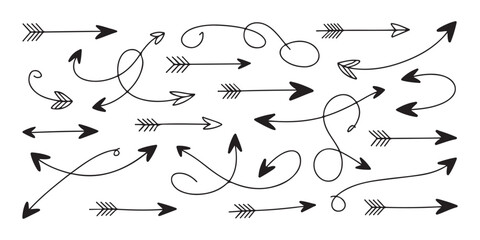 Collection of hand drawn rustic arrows and swirl pointers for creative design projects and ethnic ornaments