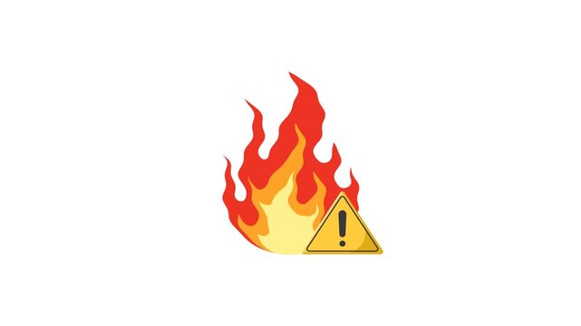 4K animation of bright red and orange flames with a yellow warning triangle, symbolizing fire hazard, danger, and safety alert on a clean background.