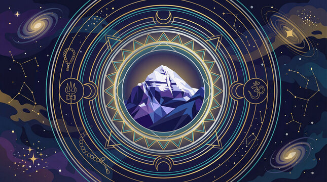 Stylized vector art of lord Shiva's sacred mount Kailash mountain. Hindu holy place of Shiva. trishul, trident, moon and cosmos beautiful spiritual mahashivratri illustration