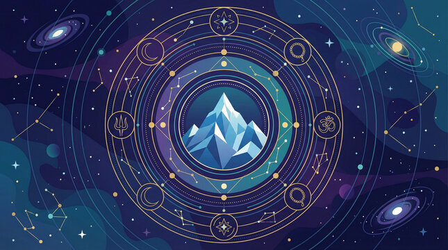 Stylized vector art of lord Shiva's sacred mount Kailash mountain. Hindu holy place of Shiva. trishul, trident, moon and cosmos beautiful spiritual mahashivratri illustration