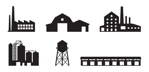 Industrial building icons including factories barns and silos for agricultural and manufacturing themes © Nayan Arts