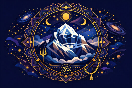 Stylized vector art of lord Shiva's sacred mount Kailash mountain. holy place of Shiva. trishul, trident, moon and cosmos beautiful spiritual mahashivratri illustration